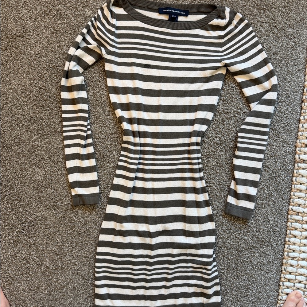 French Connection Olive and White Striped Long Sleeve Dress